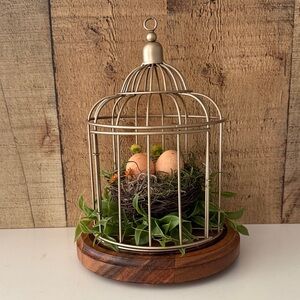 Decorative Small Gold Metal Birdcage with Nest and Greenery on a Wooden Base